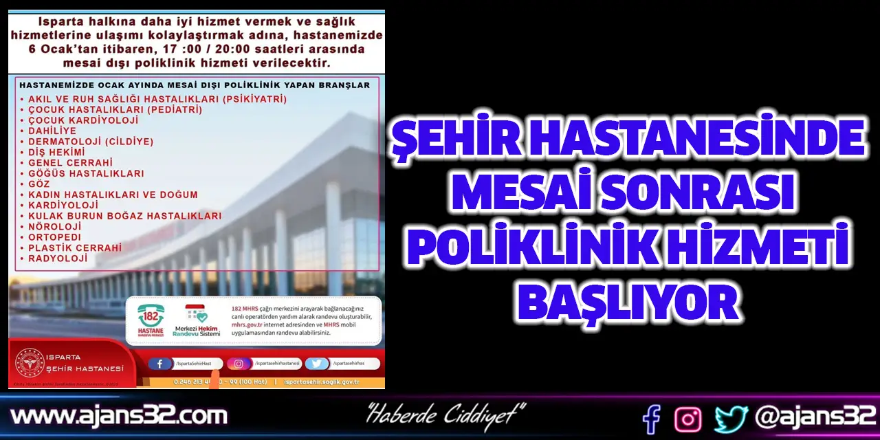 Şehir Hastanesinde Mesai Sonrası Poliklinik Hizmeti Başlıyor